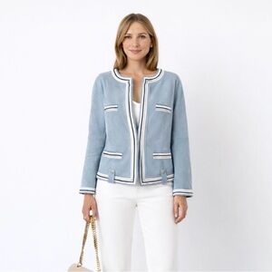 Ness Blue Faux Suede Ribbon Trim Jacket Coastal Chic Structured Blazer Sz L💚